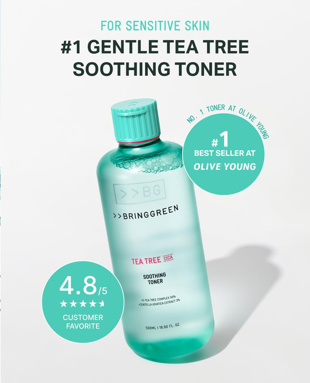 BRING GREEN Tea Tree CICA Toner texture close-up shows light, hydrating formula