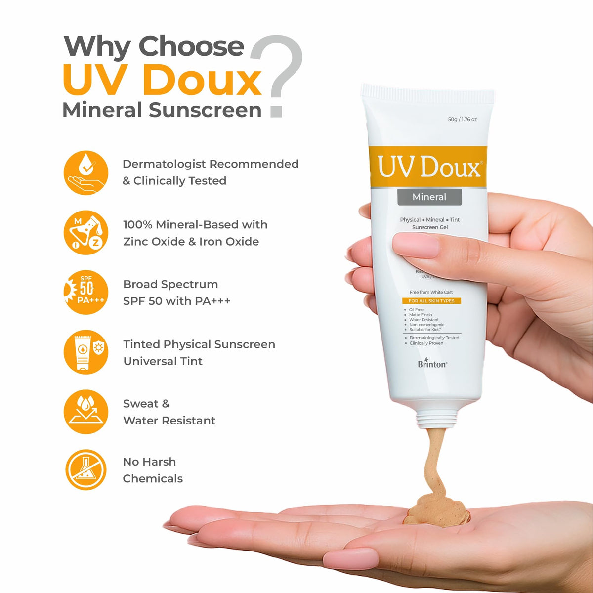 Brinton UV Doux Mineral Sunscreen gel texture for breathable, oil-free wear.