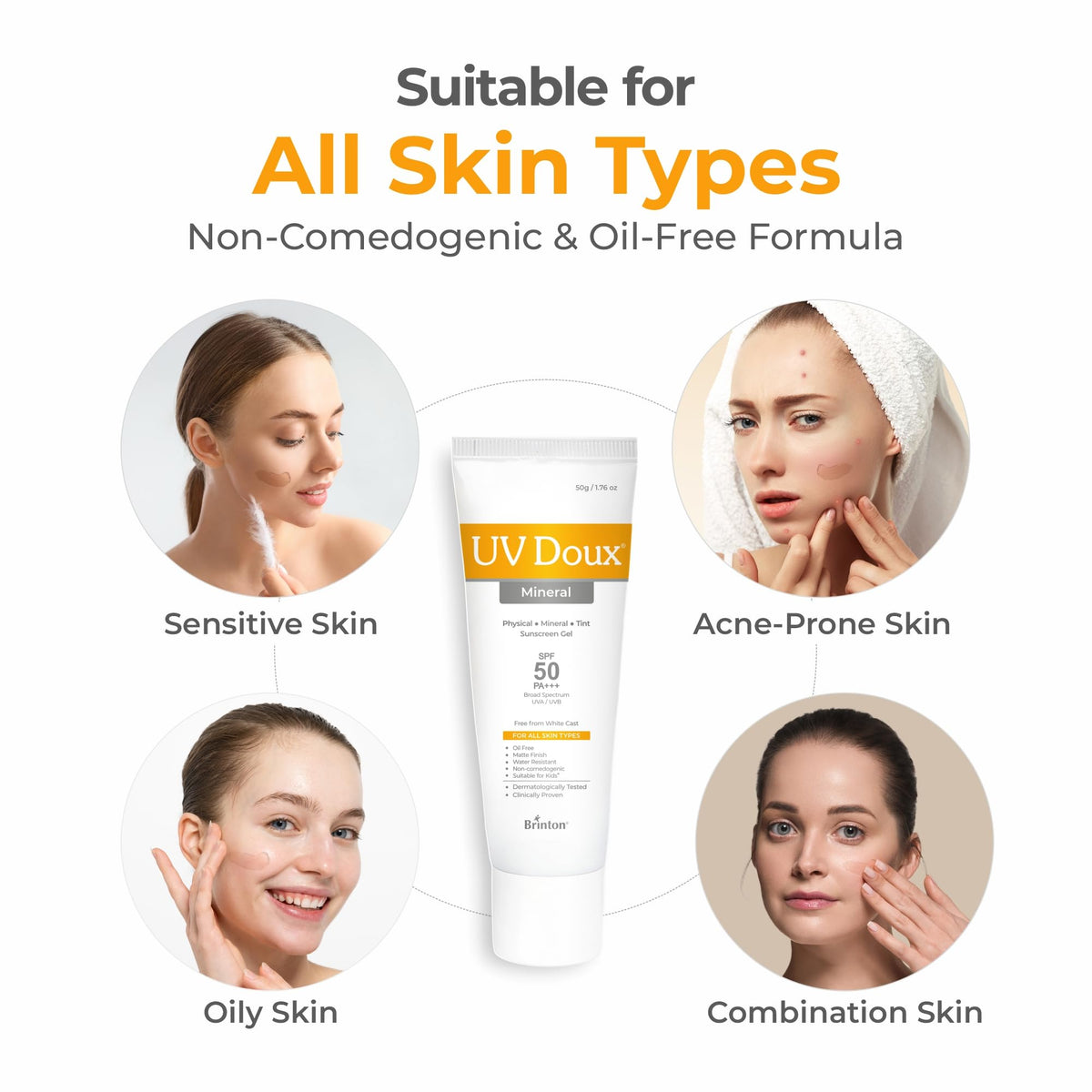 Brinton UV Doux Mineral Sunscreen no white cast for natural look.