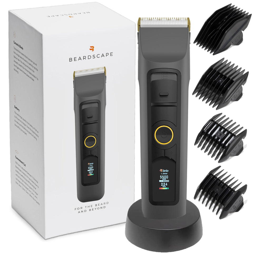 Brio Beardscape V2 ceramic blade close-up for smooth, low-heat grooming.