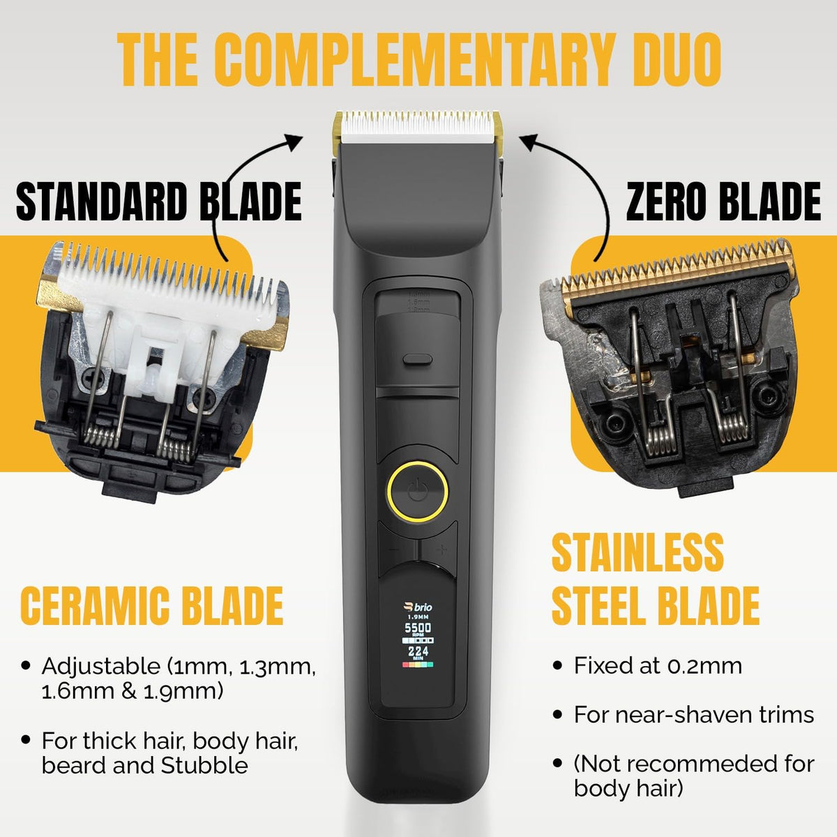 Brio Zero Blade skin-friendly design minimizes heat during trimming sessions.