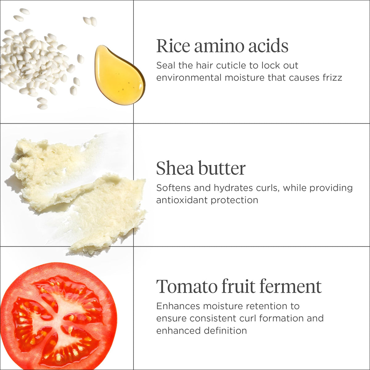 Briogeo Rice Amino ingredients close-up emphasize moisture and strand strength.