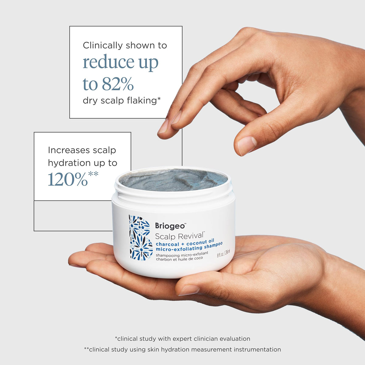Briogeo Scalp Revival binchotan charcoal close-up highlights impurity drawing action.