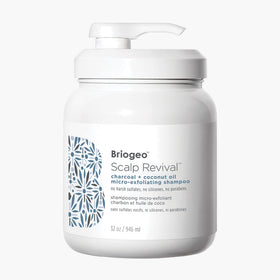 Briogeo Scalp Revival bottle with charcoal pour for deep detoxifying cleanse.