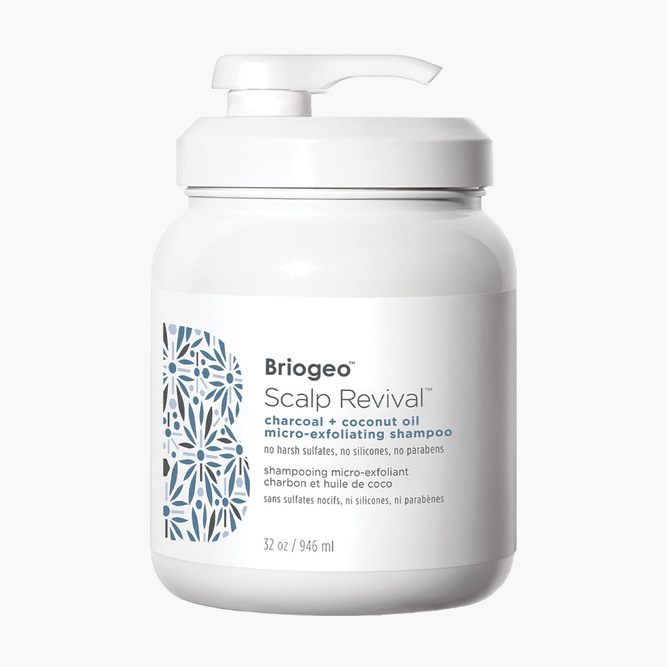 Briogeo Scalp Revival bottle with charcoal pour for deep detoxifying cleanse.