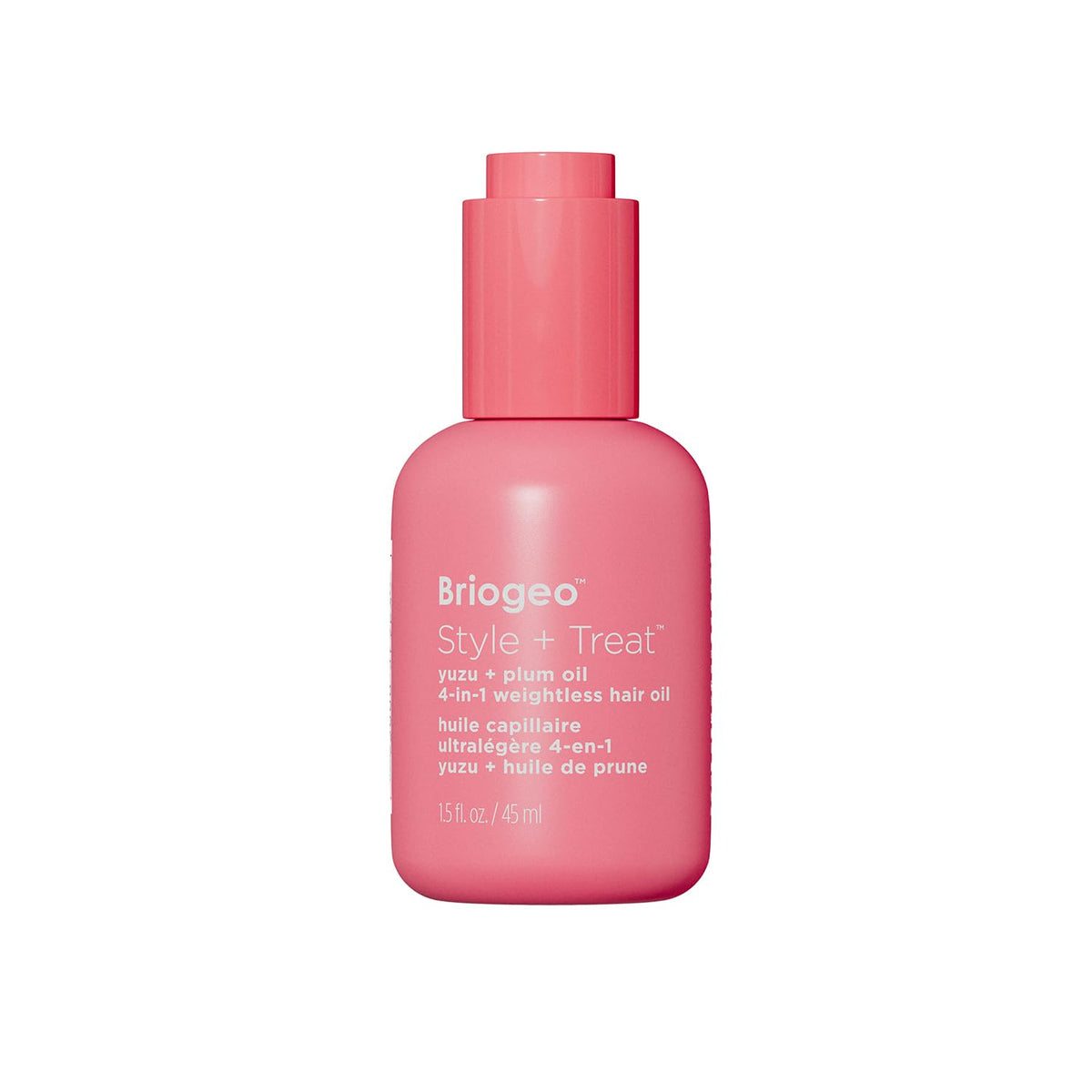 Briogeo Style + Treat 4-in-1 oil bottle pour provides heat protection up to 450°F.