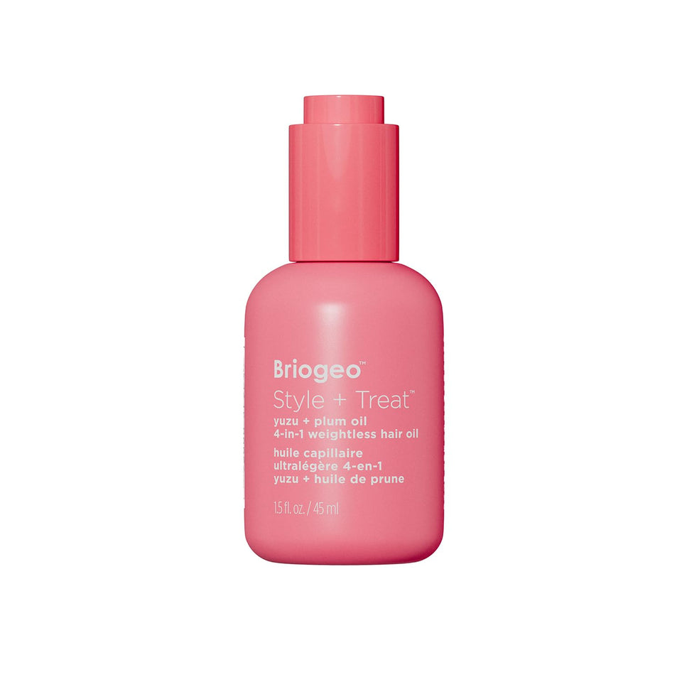 Briogeo Style + Treat 4-in-1 oil bottle pour provides heat protection up to 450°F.