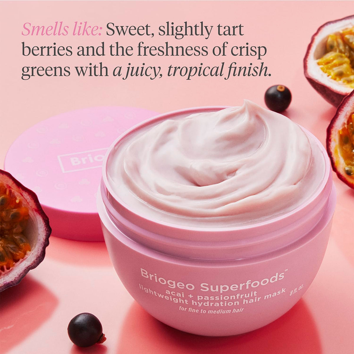 Front packaging label of Briogeo Superfoods Acai + Passionfruit vegan cruelty-free.