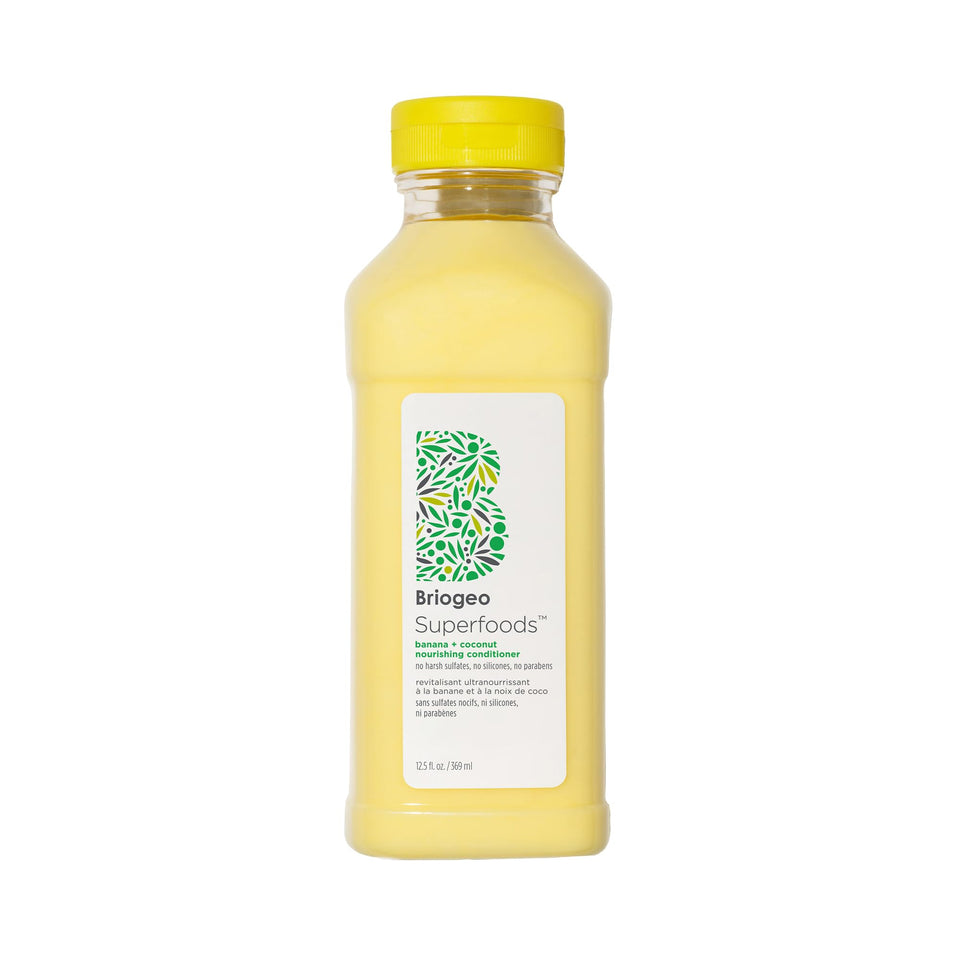 Briogeo Superfoods Banana and Coconut conditioner bottle for daily hydration and shine.