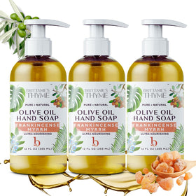 Brittanie's Thyme Pure Castile soap frankincense bottle pour for gentle cleansing.