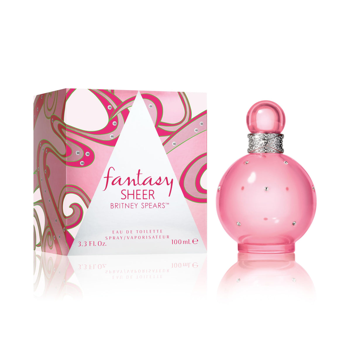 Close-up of Britney Spears Fantasy Sheer bottle highlighting a soft glow.