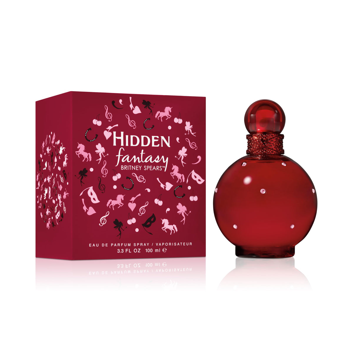 Britney Spears Hidden Fantasy bottle closeup highlights orange and vanilla notes for a playful scent.