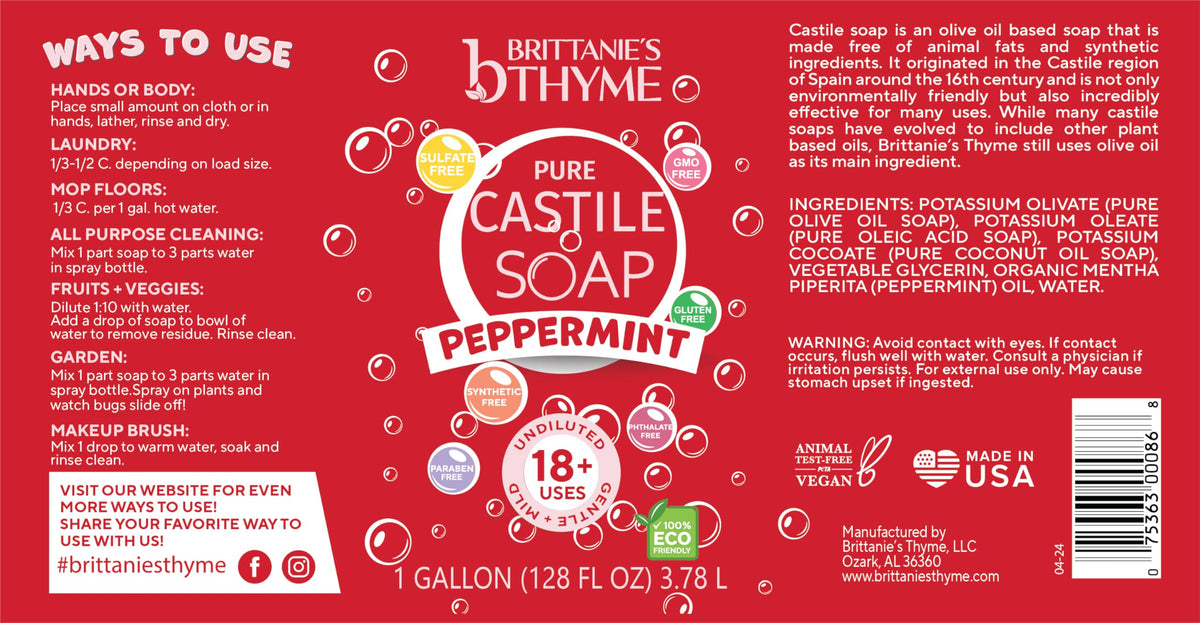 Natural ingredients label close-up emphasizing organic oils in Brittanie’s Thyme Castile soap.