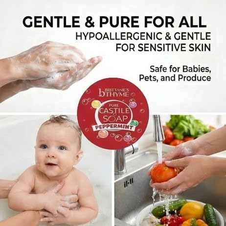 Pet care scene with Brittanie’s Thyme Castile soap for gentle cleansing.