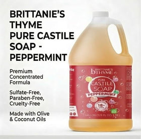 1-gallon eco-packaging view showcasing waste-reducing refill option for Brittanie’s Thyme Castile soap.