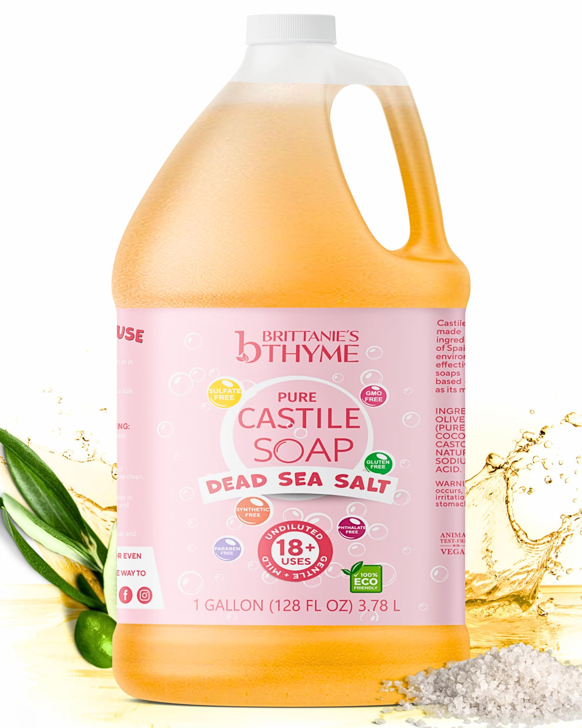 Brittanie's Thyme castile soap refill with Dead Sea salt in a 1 gallon bottle for refilling.