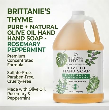 Gallon refill label of Brittanie's Thyme castile soap highlighting bulk value and eco-friendly option.