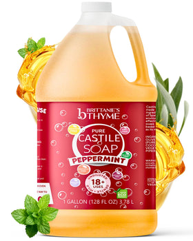 Brittanie’s Thyme peppermint Castile soap refill bottle pouring, eco-friendly and versatile.