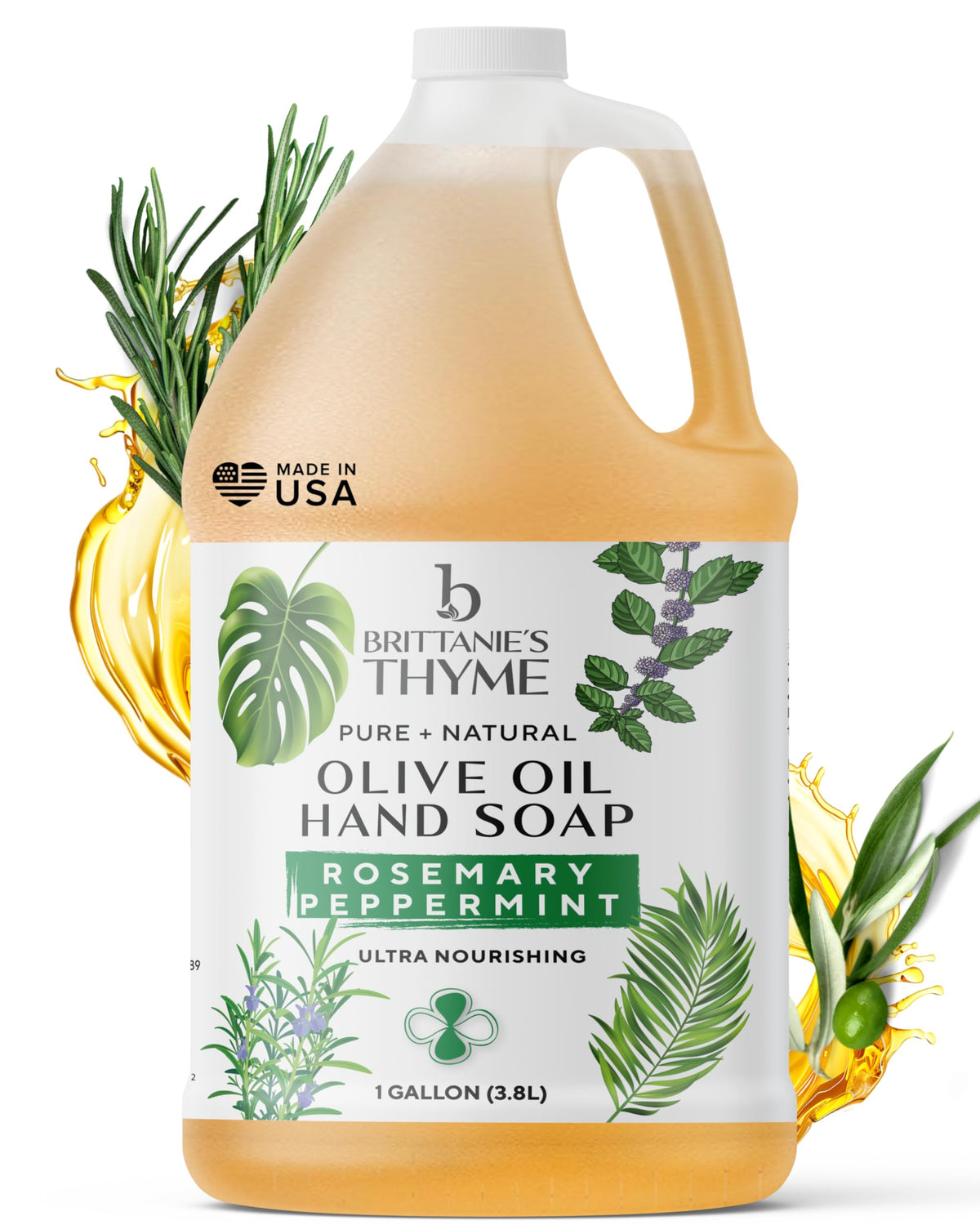 Brittanie's Thyme castile soap bottle with rosemary peppermint aroma for refreshing cleansing.