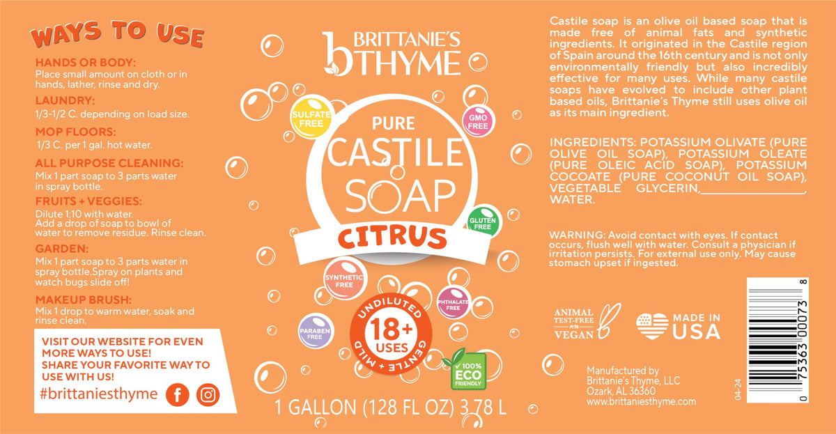 Brittanie's Thyme Citrus Castile packaging image emphasizing recycling