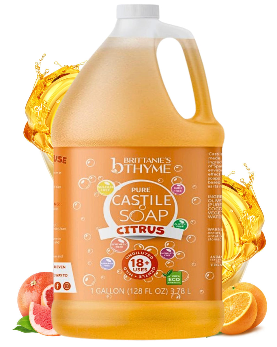 Brittanie's Thyme Citrus Castile refill image shows eco friendly packaging and savings