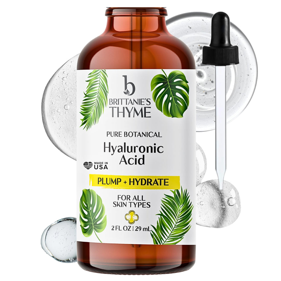 Brittanie's Thyme hyaluronic serum bottle closeup for deep hydration.