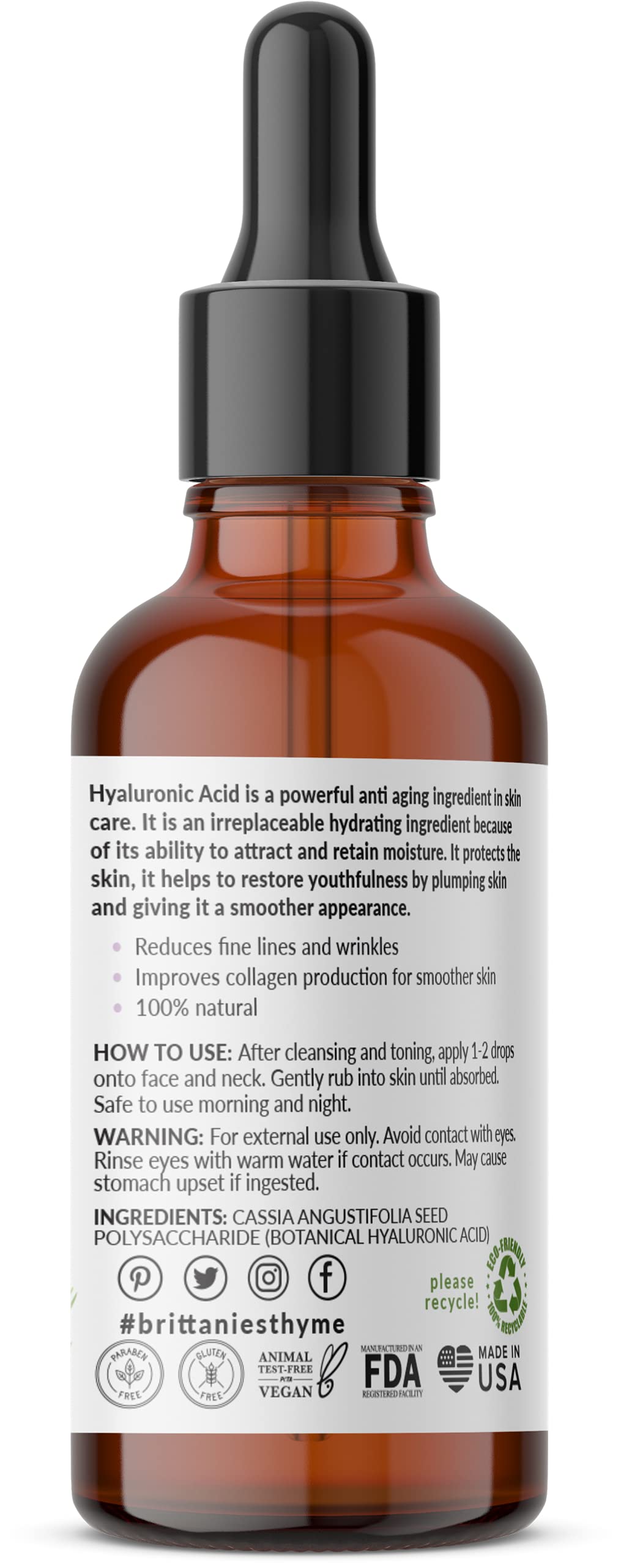 Brittanie's Thyme hyaluronic serum dropper for precise daily use.