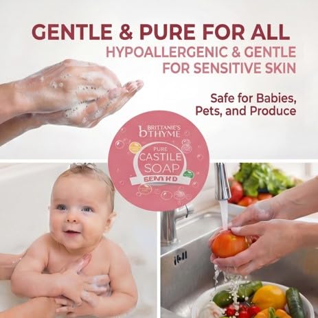 Brittanie's Thyme multi-use cleanser shown for hands, face, body, and dishes.