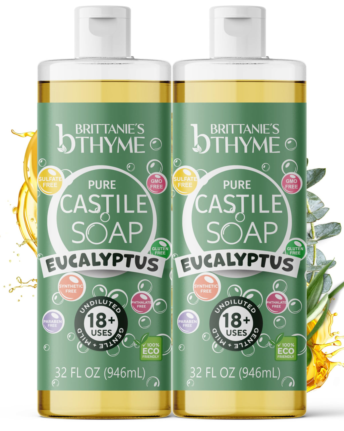 Brittanie's Thyme Pure Castile Eucalyptus bottle—versatile soap for body, hair, dishes, and pets.