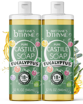 Brittanie's Thyme Pure Castile Eucalyptus bottle—versatile soap for body, hair, dishes, and pets.