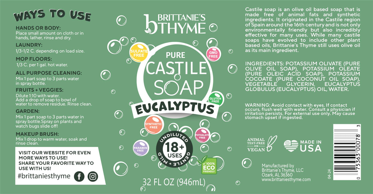 Brittanie's Thyme Pure Castile Eucalyptus bottle pour—gentle daily cleansing.
