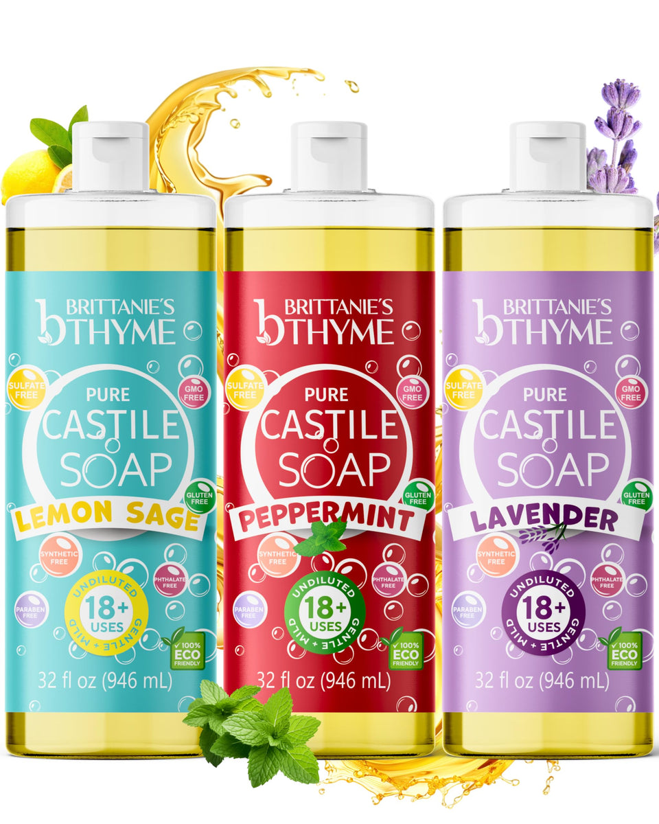 Brittanie's Thyme Lavender Castile soap bottle for gentle cleansing of skin and hair