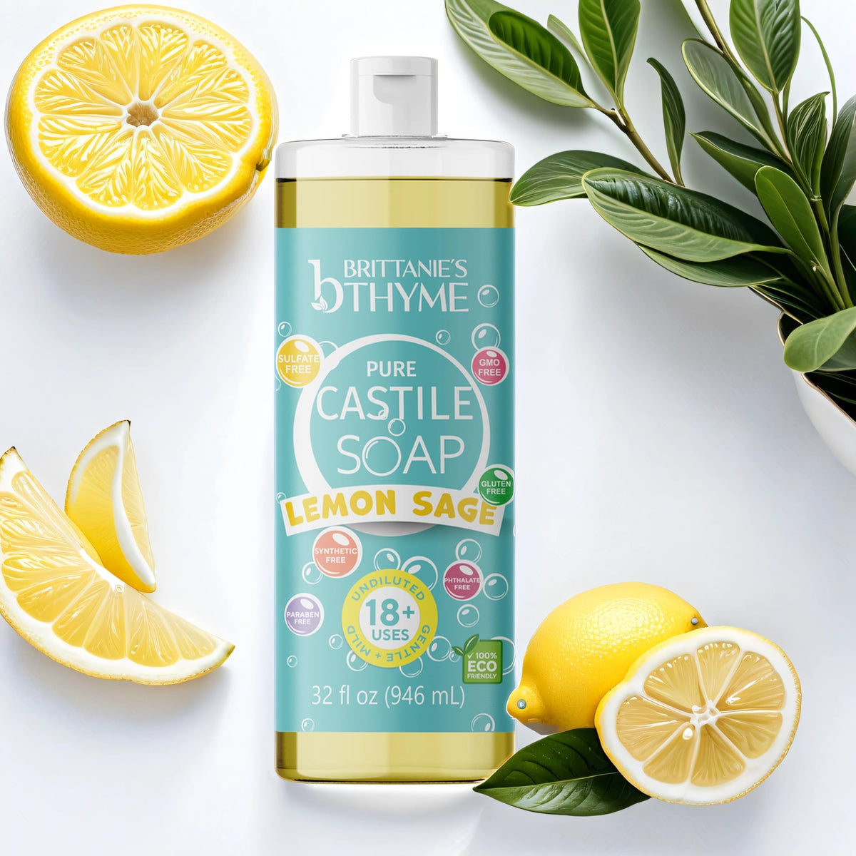 Brittanie's Thyme Lemon Castile soap bottle provides bright, vegan cleansing for skin