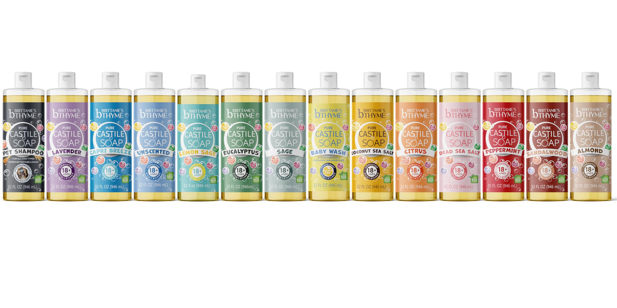 Brittanie's Thyme Peppermint Castile soap bottle delivers refreshing wash for hands and body