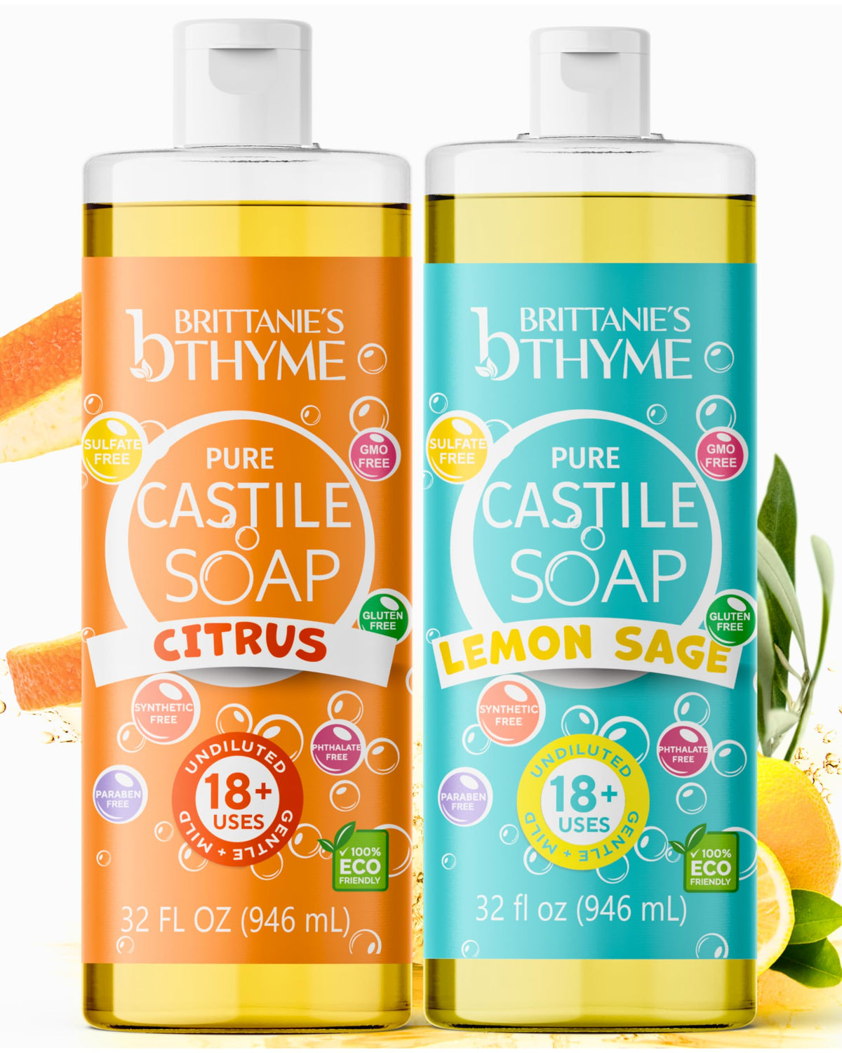 Brittanie’s Thyme Pure Castile Soap refill bottles front view for eco-friendly cleaning