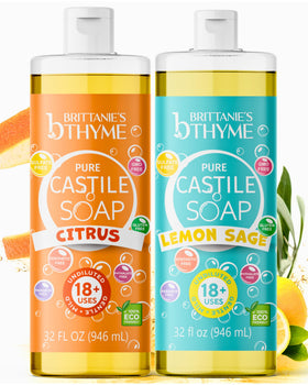 Brittanie’s Thyme Pure Castile Soap refill bottles front view for eco-friendly cleaning