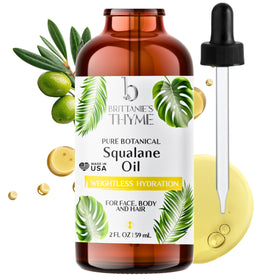 Brittanie's Thyme squalane oil bottle promoting lightweight hydration for smooth skin.