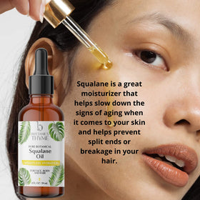 Brittanie's Thyme squalane oil in a dark glass bottle protecting potency.