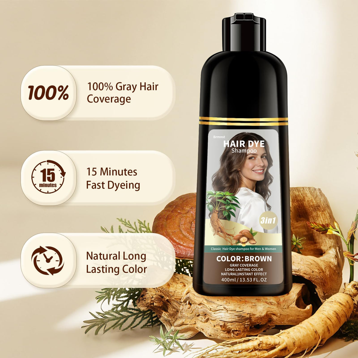 Brmnst 3-in-1 formula cleanses, conditions, and colors in one step.