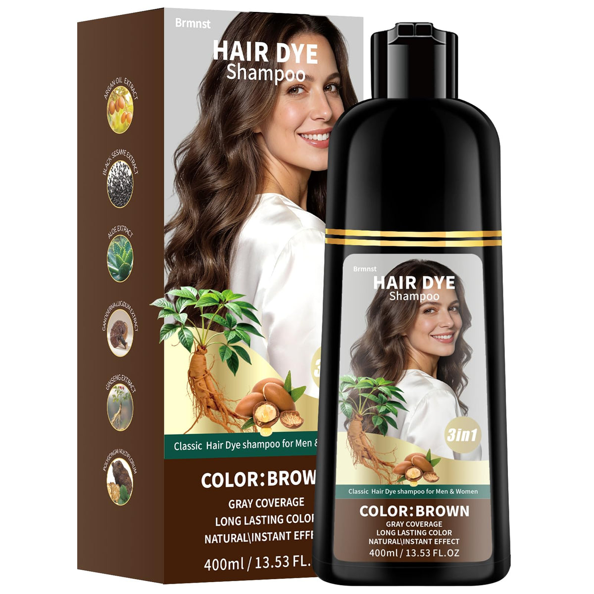 Brmnst brown hair dye shampoo providing full gray coverage with a natural look.