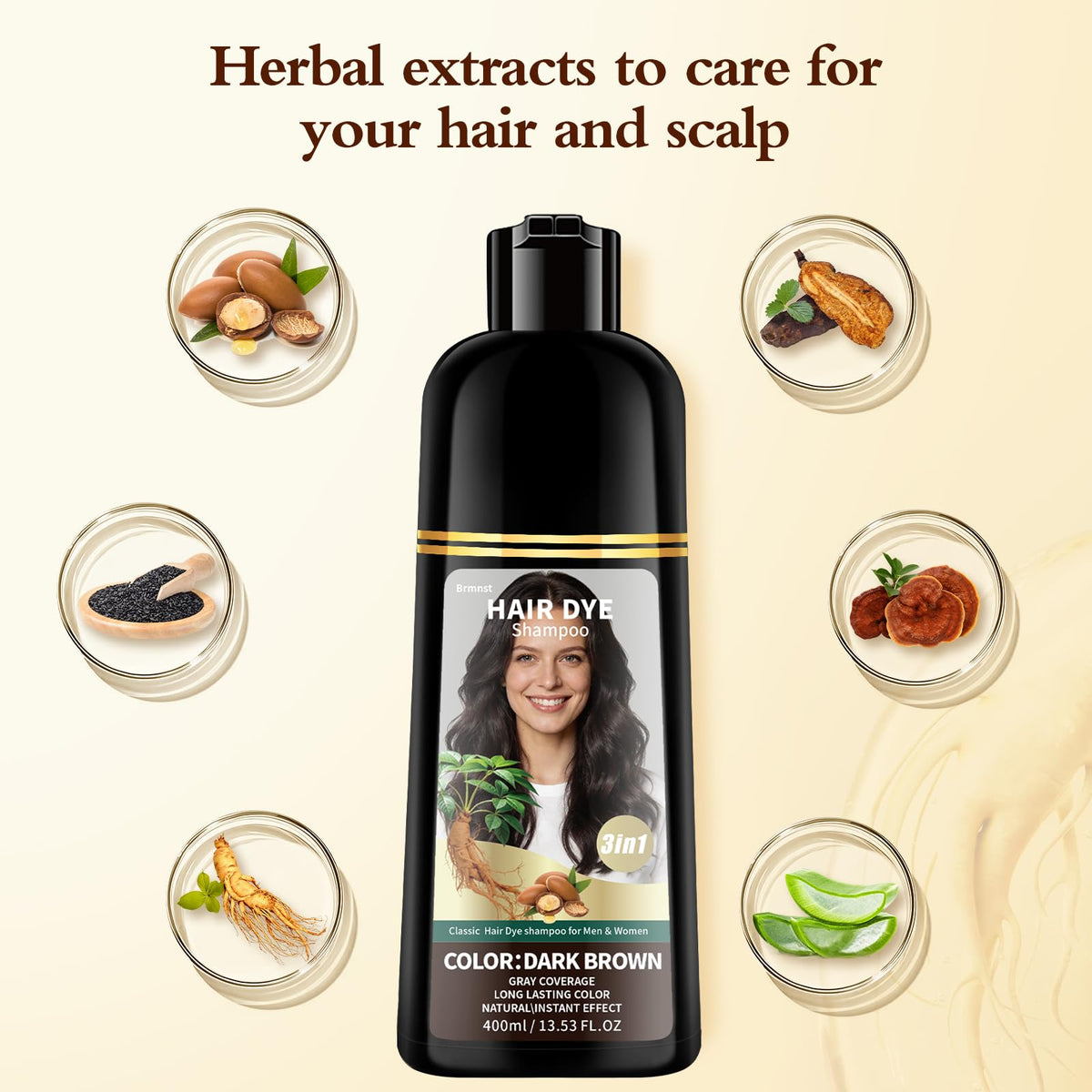 Brmnst Herbal ingredients provide gentle shine and healthy-looking hair.