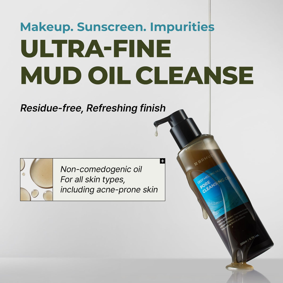 BRMUD Cleansing Oil pour shot showing easy rinse and makeup removal