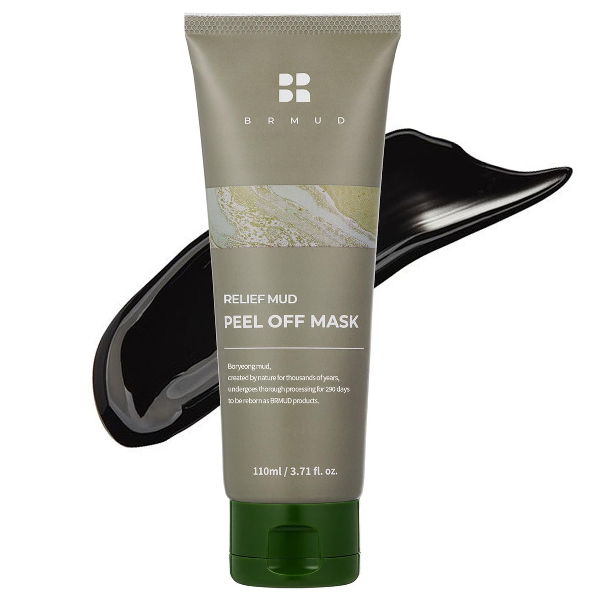 BRMUD Relief Mud Peel Off Mask jar closeup showing mineral mud for deep cleansing.