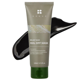 BRMUD Relief Mud Peel Off Mask jar closeup showing mineral mud for deep cleansing.