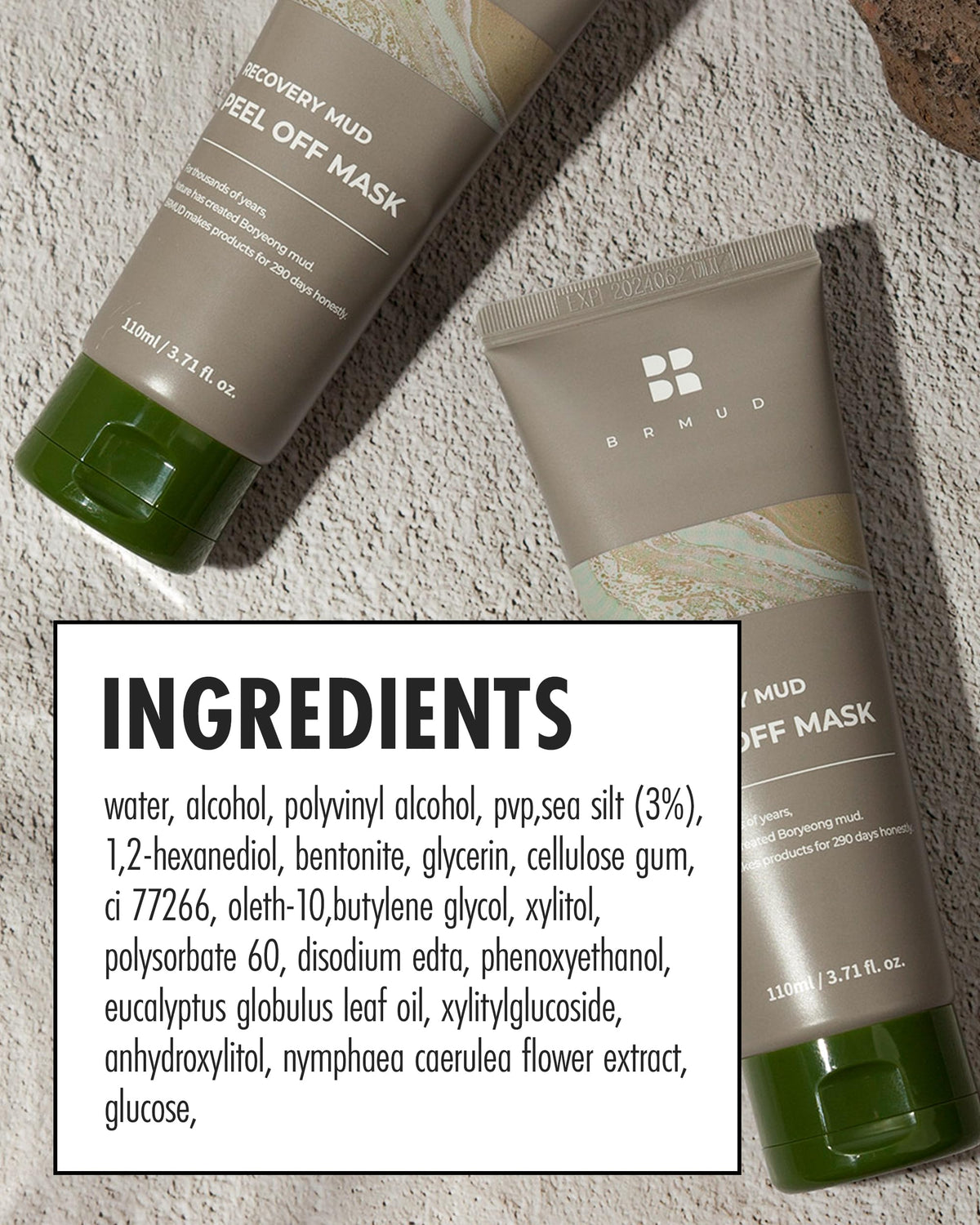BRMUD Relief Mud Peel Off Mask packaging box conveys natural ingredients and gentle routine.