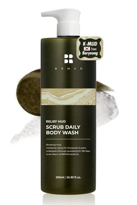 BRMUD Relief Mud Scrub bottle demonstrates a daily hydrating cleanse for all skin types.