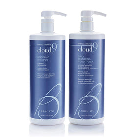Brocato Cloud 9 restoring shampoo bottle shows color-safe nourishment for damaged hair.