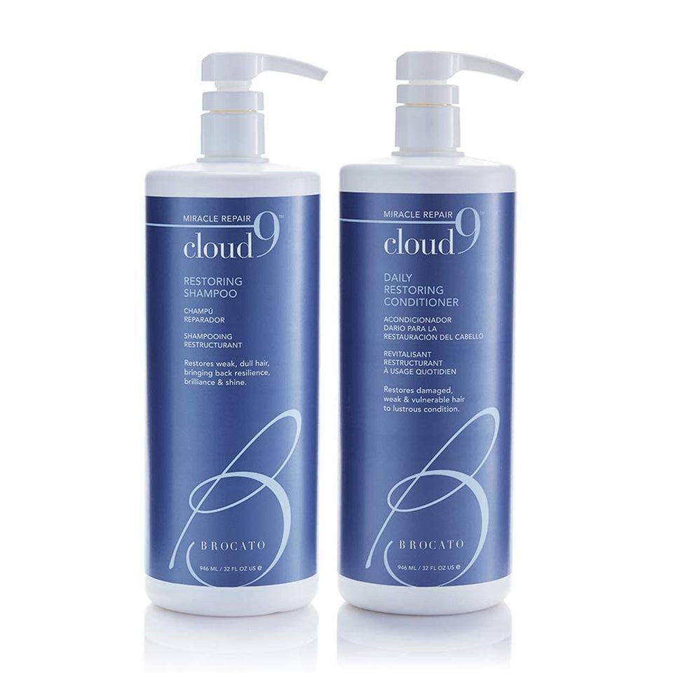 Brocato Cloud 9 restoring shampoo bottle shows color-safe nourishment for damaged hair.