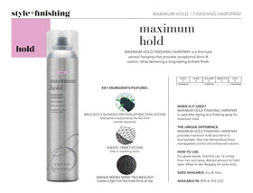 Brocato Maximum Hold hairspray close-up highlighting brilliant shine finish