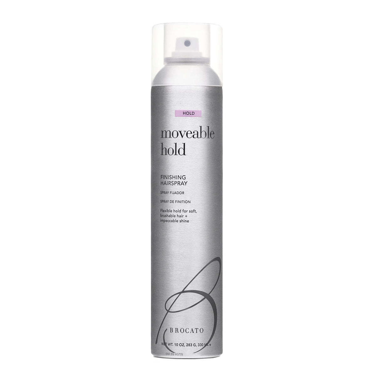Brocato Moveable Hold hairspray bottle showing lightweight brushable control for all styles